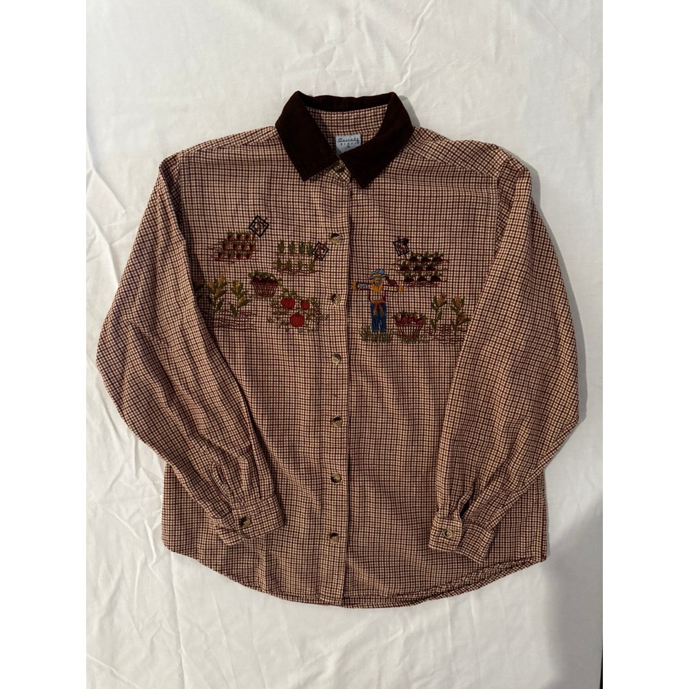 Vintage 90s Cascade Blues Embroidered Fall Harvest Country Gingham Shirt Medium